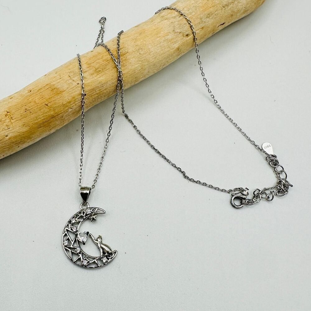 Cat Crescent Moon CZ Heart Sterling Silver Necklace
